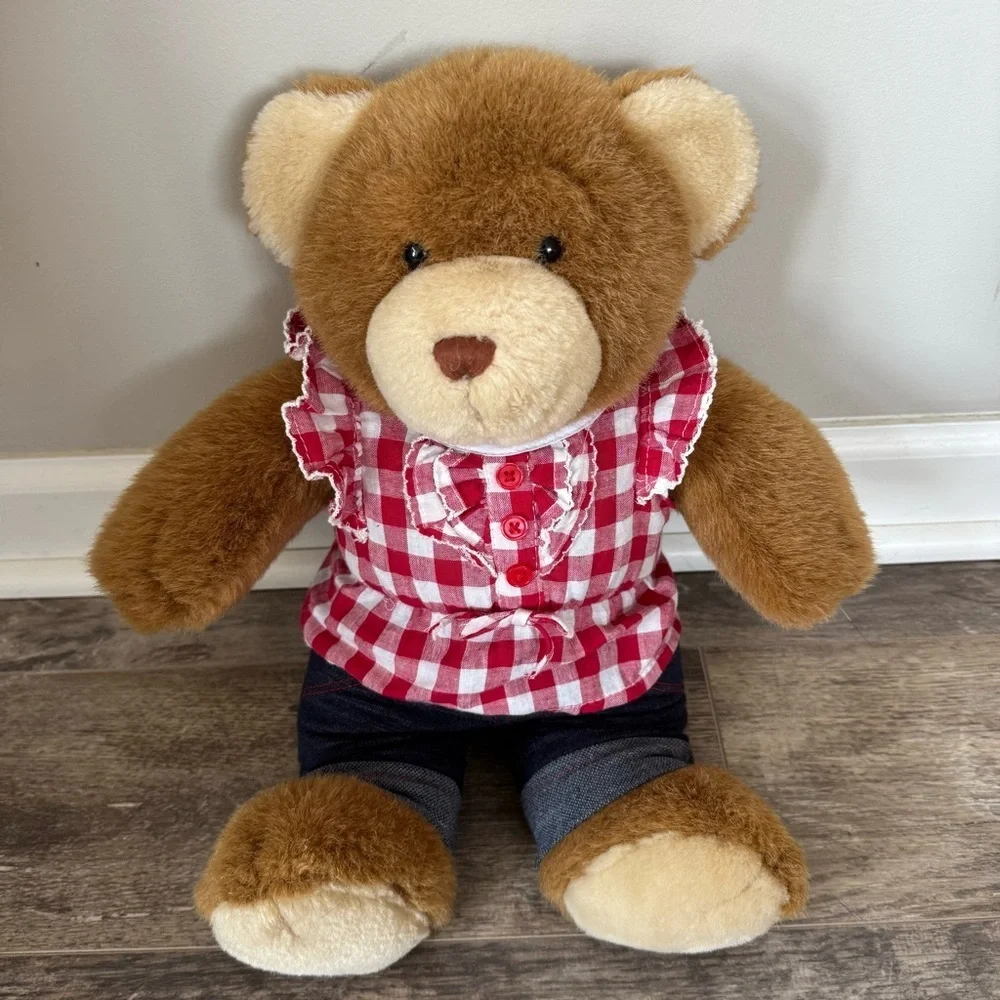 Retired! Build-A-Bear 14-inch Brown Teddy Bear with Red Checkered Shirt & Jeans